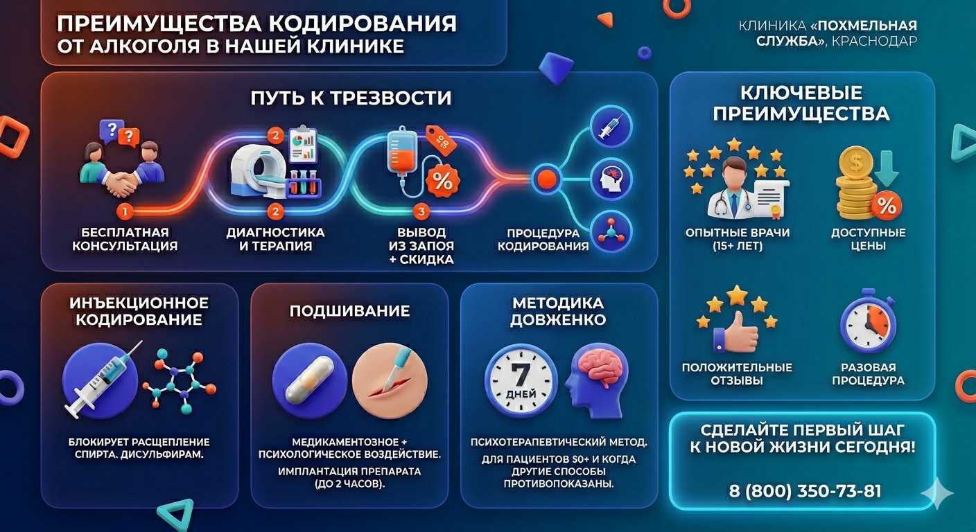 Инфографика о методах кодирования от алкоголя в Староминской: инъекции, подшивание, метод Довженко. Преимущества клиники и этапы лечения.