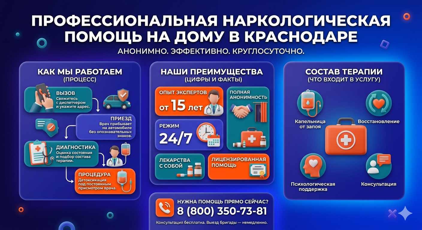 Инфографика о принципах лечения алкоголизма на дому в Староминской: этапы вызова нарколога, преимущества анонимной детоксикации и состав медицинской помощи.